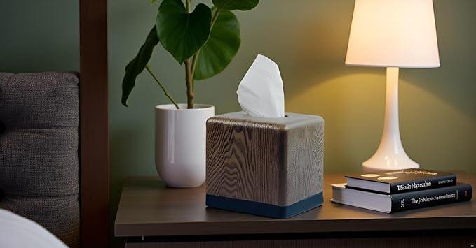 Hymmah Wooden Texture Square Tissue Box Cover Cube Tissue Holder Unique Design Klenex Box Dispenser for Bathroom Vanity Counter Tops Also Great for Bedrooms and Living Rooms - ModernBath