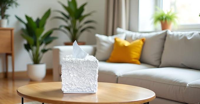 Huitony Square Tissue Box Cover Decorative Kleenex Box Holder for Bathroom & Living Room with Handcrafted Texture (Rose White) - ModernBath