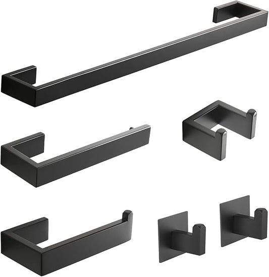 Fapully 23.6-Inch 6 Piece Bathroom Hardware Accessories Set Stainless Steel Wall Mounted Matte Black Include Towel Bar,Hand Towel Holder,Toilet Paper Holder,Robe Towel Hook,Coat Hook,Towel bar Set.