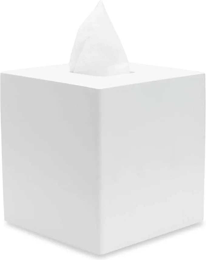 Yew Design Matte White Square Tissue Box Cover, Decorative Tissue Box Dispenser for Bathroom, Parlors, Office, Bedroom Dresser, Vanity Countertop, Nightstand, Car, and Desk - ModernBath