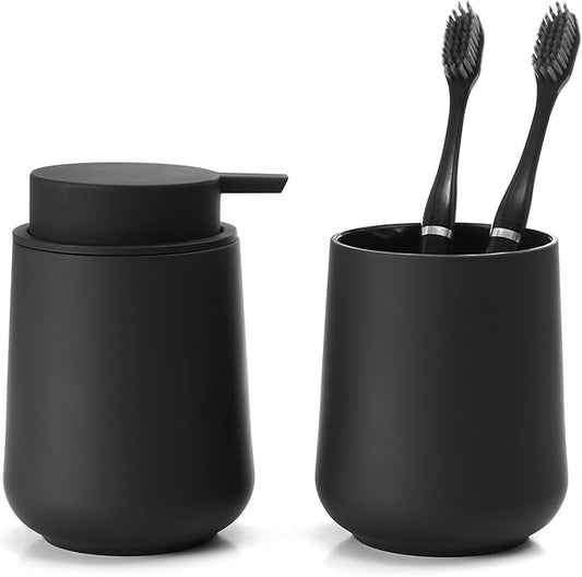 YAUKPH Matte Black Bathroom Accessories 2 Piece Set Plastic Soap Dispenser and Toothbrush Holder for Modern Bathroom Decor