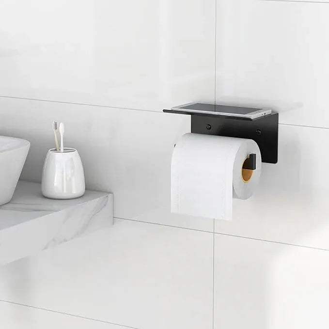 Toilet Paper Holder with Phone Shelf, Matte Black Toilet Paper Holder Wall Mount, Rustproof Stainless Steel Bathroom Storage - ModernBath