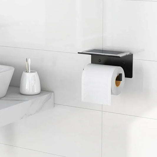 Toilet Paper Holder with Phone Shelf, Matte Black Toilet Paper Holder Wall Mount, Rustproof Stainless Steel Bathroom Storage - ModernBath