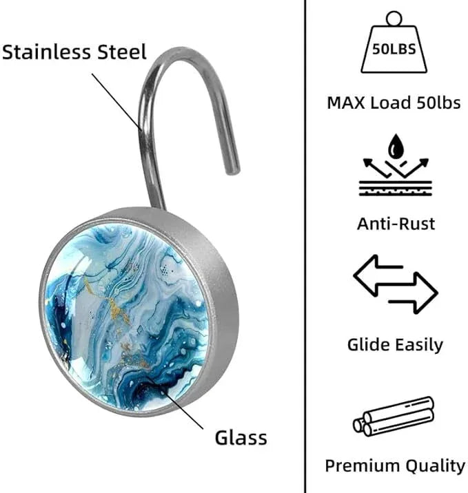 12 Pcs Decorative Shower Curtain Hooks, Rust Proof Glass Surface Stainless Steel Rings for Bathroom Bedroom Kitchen Home Bath Room Rods Decor (Blue White Gold Liquid) - ModernBath