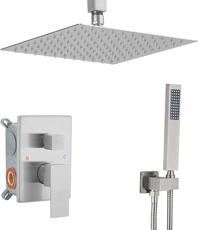 JingGang 10 Inch Ceiling Mounted Shower System Rain Mixer Shower Combo Set Rainfall Shower Head System Brushed Nickel Shower Faucet Rough-in Valve Body and Trim Kit Included - ModernBath