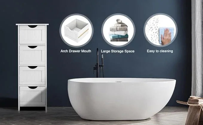 Bonnlo Skinny Bathroom Floor Storage Cabinet,White 12 Inch Wide Deep Small Storage Organizer with 4 Drawers, Wooden Modern Thin Free Standing Tower Cabinet w/ 4 Cute Drawers for Bathroom, Living Room - ModernBath