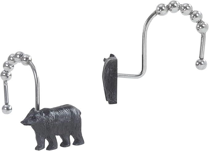 Rustic Black Bear Shower Curtain Hooks, Rustproof Farmhouse Lodge Cabin Shower Hooks for Shower Curtain, 5 Roller Ring Balls Bathroom Curtain Hooks, Outdoor Decorative Animal Hooks, Set of 12 - ModernBath