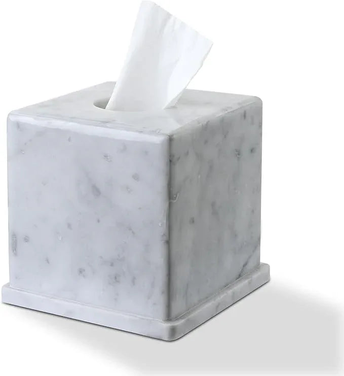 HAMAKAWA Natural Marble Tissue Box Cover, Carrara White Tissue Organizer 6 X 6 X 5.7 Inch, Heavy Stone Decorative Box, Square Tissue Box Holder for Home Decor, Kitchen, Bathroom, Bedroom - ModernBath