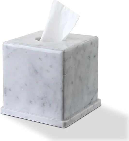 HAMAKAWA Natural Marble Tissue Box Cover, Carrara White Tissue Organizer 6 X 6 X 5.7 Inch, Heavy Stone Decorative Box, Square Tissue Box Holder for Home Decor, Kitchen, Bathroom, Bedroom - ModernBath