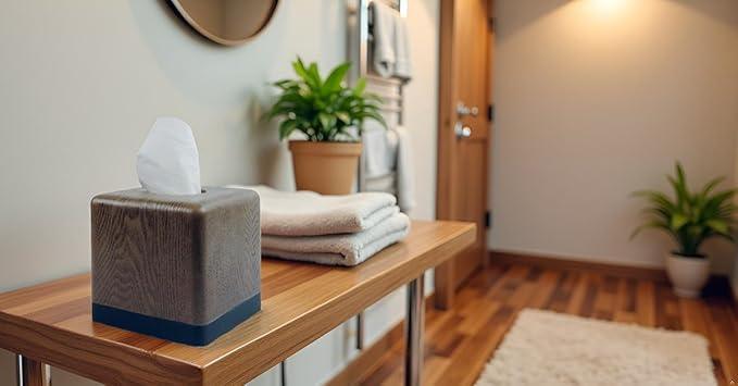 Hymmah Wooden Texture Square Tissue Box Cover Cube Tissue Holder Unique Design Klenex Box Dispenser for Bathroom Vanity Counter Tops Also Great for Bedrooms and Living Rooms - ModernBath