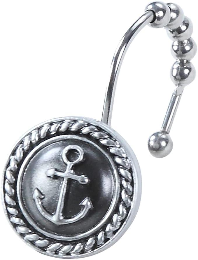 Nautical Anchor Shower Curtain Hooks, Rustproof Black White Ocean Sea Bathroom Curtain Hooks, 5 Roller Ring Balls Shower Hooks for Shower Curtain, Decorative Shower Curtain Hooks, Set of 12 - ModernBath
