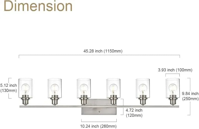 VINLUZ 6 Light Bathroom Lighting Fixture in Brushed Nickel Finish,Classic Metal Wall Mounted Lamp Over Mirror with Clear Glass Shade Industrial Vanity Light - ModernBath