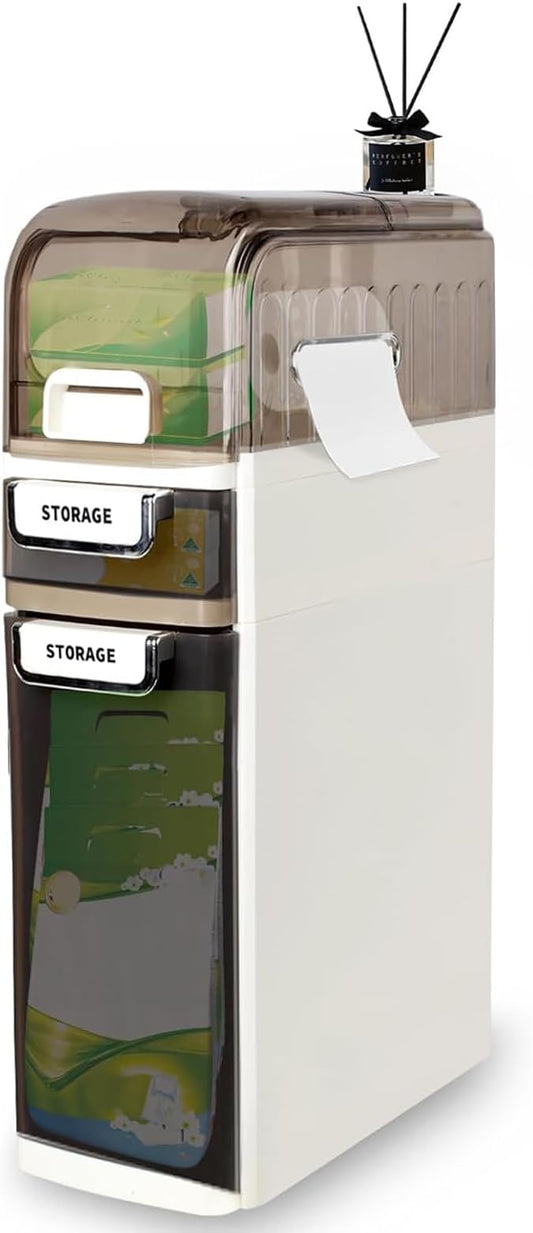 PULNDA 3-Tiers Slim Narrow Bathroom Storage Cabinet with Drawers, Waterproof Skinny Bathroom Storage Floor Cabinet with Tissue Box and Wheels for Small Spaces