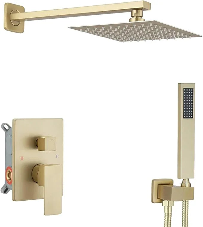 Heable Brushed Gold Shower System Bathroom Luxury Rain Mixer Shower Combo Set Wall Mounted Rainfall Shower Head System Shower Faucet Rough-in Valve Body and Trim Kit - ModernBath