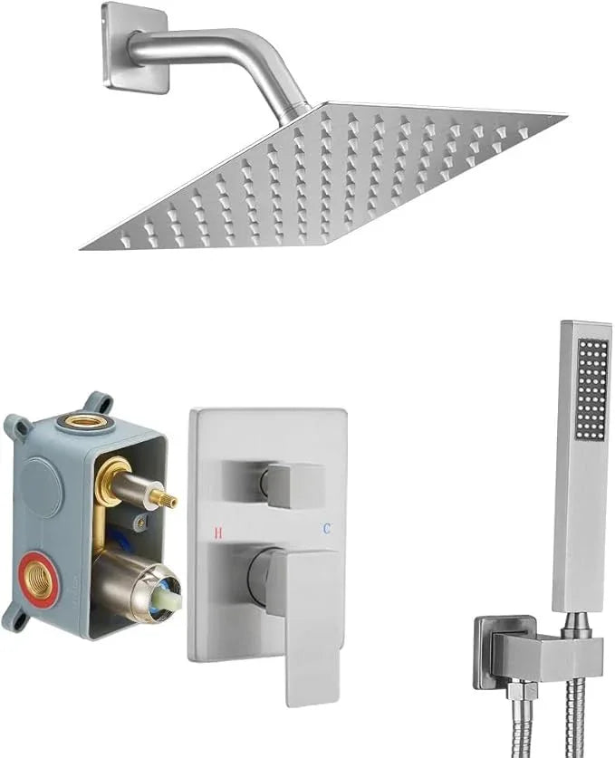 JingGang Shower System Brushed Nickel Bathroom Rainfall Shower Faucet Set Complete Wall Mounted 8 Inch Shower Head and Handle Set with Rough-in Valve Body and Trim Kit - ModernBath