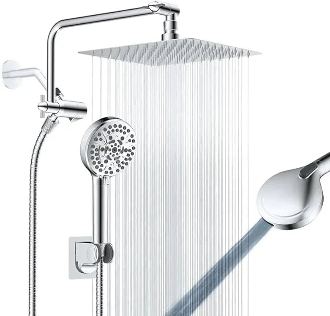 All Metal Shower Head, 8" High Pressure Rainfall/Handheld Shower Combo with 11" Extension Arm, 10-Spray Handheld Showerhead, 71" Long Hose, 3-Way Diverter Valve, Chrome - ModernBath