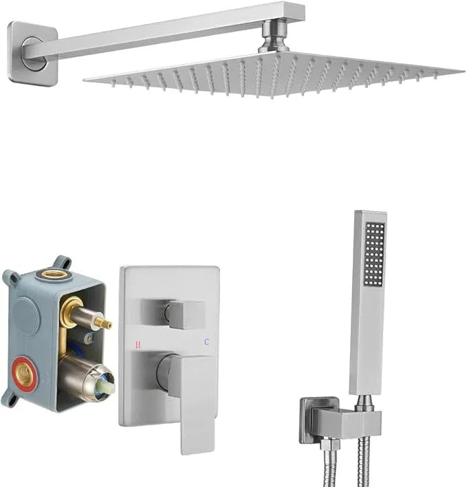JingGang Brushed Nickel Shower System 10 Inch Bathroom Luxury Rain Mixer Shower Combo Set Wall Mounted Rainfall Shower Head and Handheld System Shower Faucet Rough-in Valve Body and Trim Kit - ModernBath