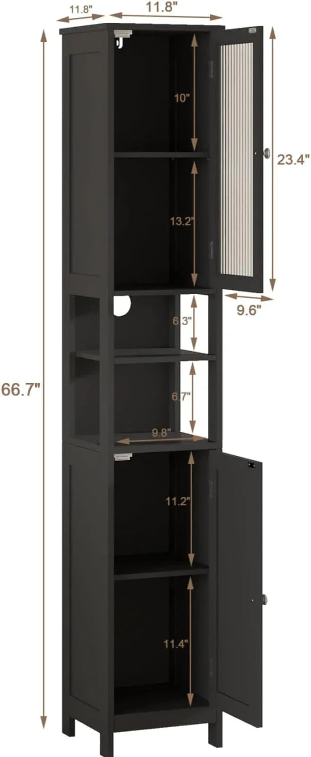 ChooChoo Tall Bathroom Storage Cabinet with Light，5-Tier Narrow Bathroom Cabinet with 2 Doors, Slim Storage Linen Cabinet Freestanding with Adjustable Shelves for Space Saving, Black - ModernBath