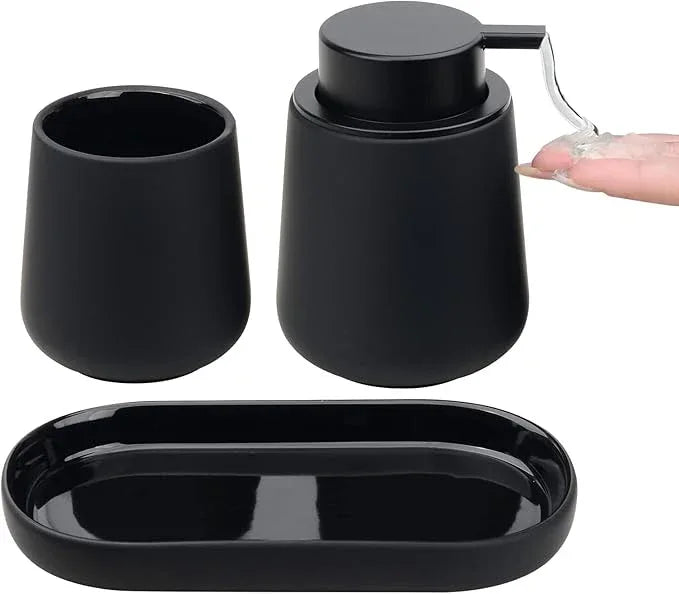 BosilunLife Black Bathroom Accessory Set - 3 pcs Ceramic Bathroom Soap Dispenser Set Farmhouse Bathroom Counter Decor Set Accessories, Soap Dispenser and Toothbrush Holder, Tray (Liquid Pump) - ModernBath