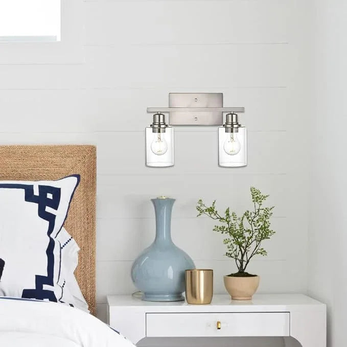 VINLUZ Modern Bathroom Vanity Light,2 Light Industrial Wall Sconces in Brushed Nickel Finish Indoor Metal Base Wall Mounted Fixture with Clear Glass Shade - ModernBath