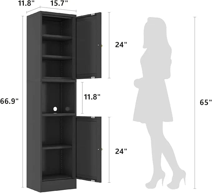 Metal Bathroom Storage Cabinet, 67" Tall Narrow Freestanding Floor Cabinet with Adjustable Shelves and Open Compartment, Slim Metal Locker for Laundry, Kitchen, Dining Room - ModernBath
