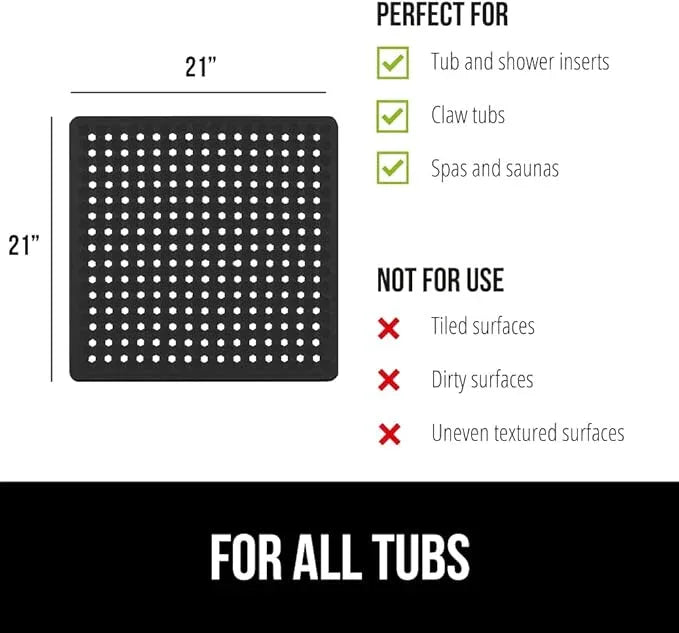 GORILLA GRIP Patented Square Shower Stall Mat, Small Bathtub Floor Mats for Stand Up Showers, Suction Cups and Drainage Holes, Machine Wash, Soft on Feet, Bathroom Accessories 21x21 Inch, Black Opaque - ModernBath