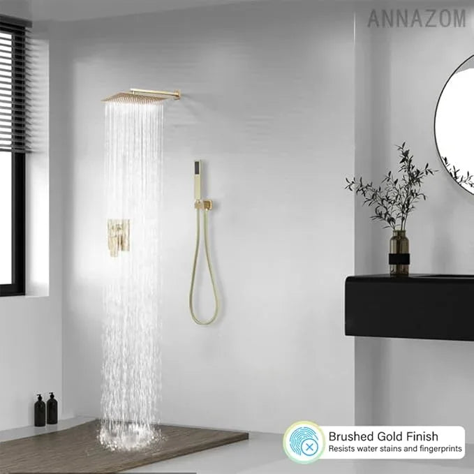 annazom Shower Faucet Set System 10 Inch Shower Head High Pressure Handheld Spray Combo Set with Rough-in Valve for Bathroom and Shower Room, Brushed Gold Finishing - ModernBath