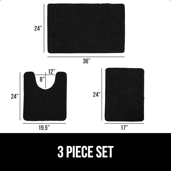 GORILLA GRIP Bathroom Rug Sets 3 Piece, Bath Mat Set and Oval Toilet Base with Rubber Backing, Plush Absorbent Shaggy Chenille Washable Mats, Includes 24x19.5, 24x17 and 36x24 Inch Rugs, Black - ModernBath