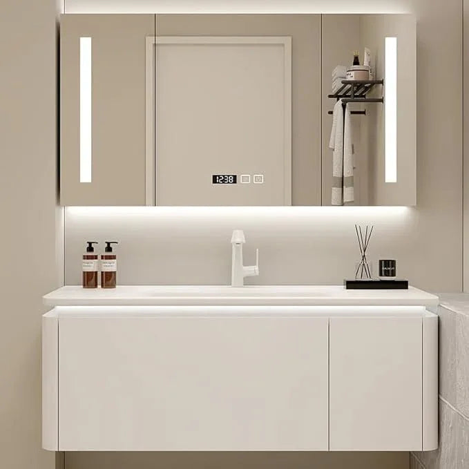 40in Luxury White Bathroom Cabinet - Oversized Drawer & Intelligent Defogging & High-Definition LED Lighting & Suspended Bathroom Cabinet | Bathroom Vanity with Sink - ModernBath