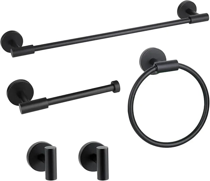 Matte Black Bathroom Hardware Accessories Set 5 Pieces, SUS304 Stainless Steel Bathroom Towel Bar Toilet Paper Holder Set Wall Mounted-19 Inch Towel Bar, Toilet Paper Holder, Towel Hooks, Towel Ring - ModernBath