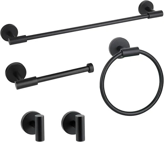 Matte Black Bathroom Hardware Accessories Set 5 Pieces, SUS304 Stainless Steel Bathroom Towel Bar Toilet Paper Holder Set Wall Mounted-19 Inch Towel Bar, Toilet Paper Holder, Towel Hooks, Towel Ring - ModernBath