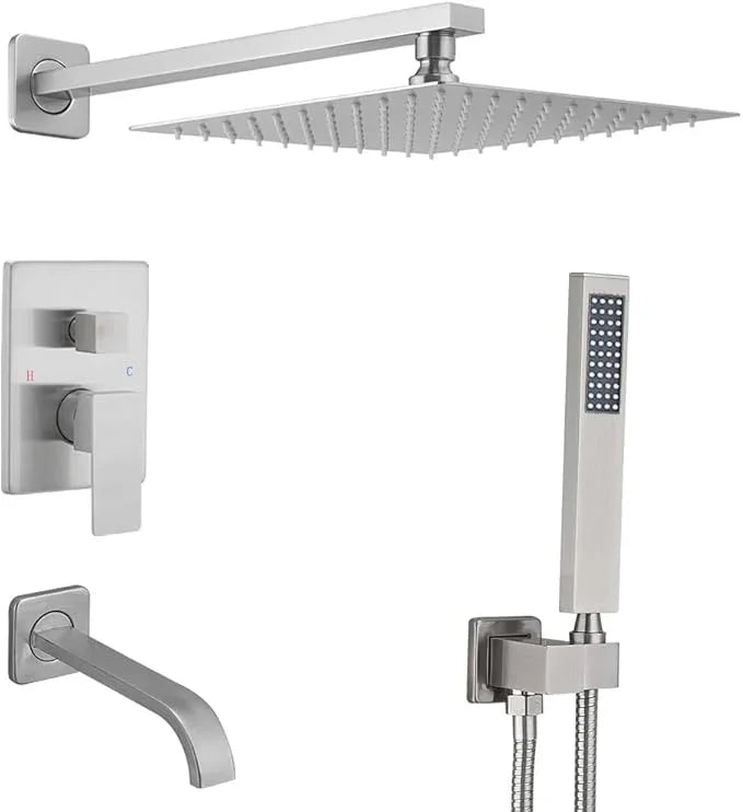 JingGang Brushed Nickel Shower System with Tub Spout Wall Mounted Tub Shower Faucet Set for Bathroom with High Pressure 10" Rain Shower head and Handheld Shower Head Kit - ModernBath