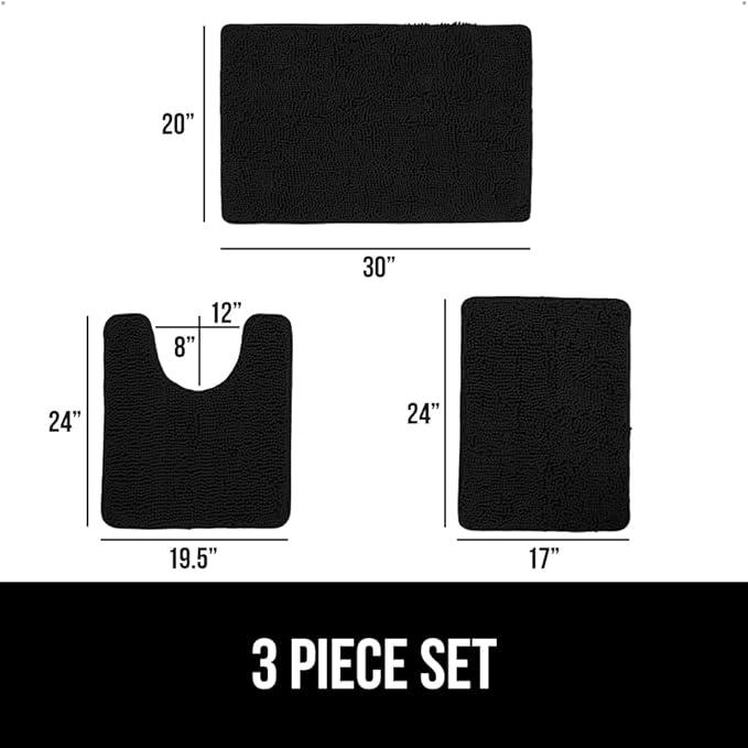 GORILLA GRIP Bathroom Rug Sets 3 Piece, Bath Mat Set and Oval Toilet Base with Rubber Backing, Plush Absorbent Shaggy Chenille Washable Mats, Includes 24x19.5, 24x17 and 30x20 Inch Rugs, Black - ModernBath