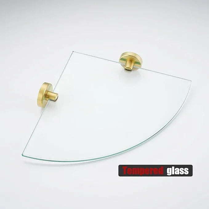 JQK Corner Glass Shelf 10.67 Inch, Brushed Gold Bathroom 304 Stainless Steel Shower Triangle Floating Wall Shelf Tempered Glass, 3 Pack TGS190L10-BG-P3 - ModernBath