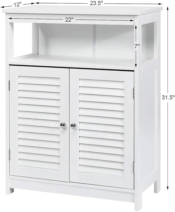 LDAILY Freestanding Organizer, Bathroom Storage with Double Shutter Doors, Adjustable Shelf, Wooden Floor Cabinet for Kitchen, Entryway (White) - ModernBath
