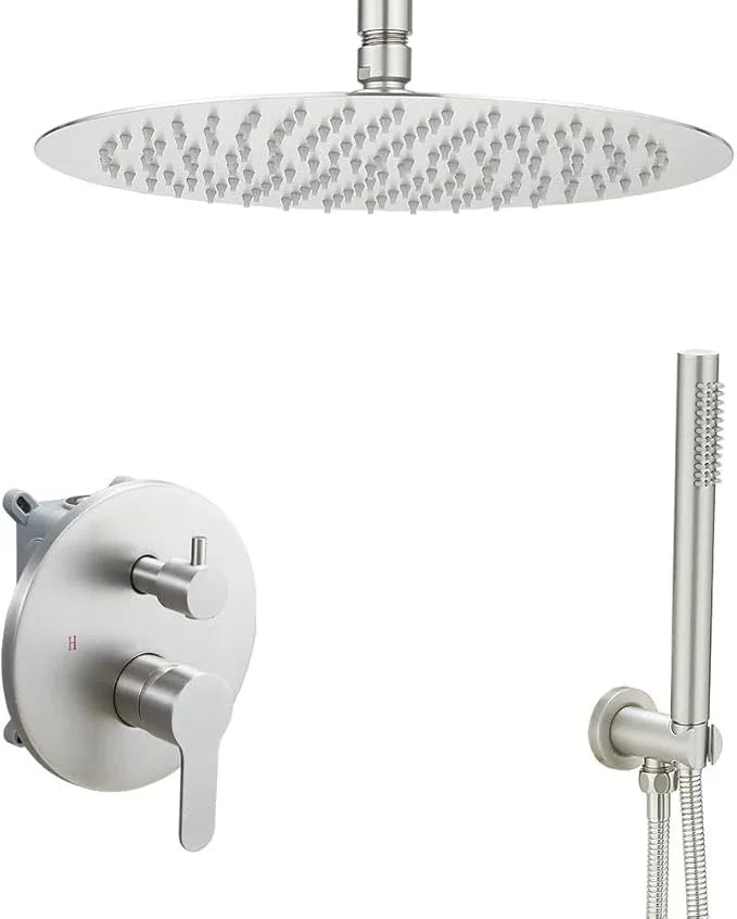JingGang Brushed Nickel Ceiling Mount Round Rain Shower System with 12 Inch Shower Head and Handheld Bathroom Shower Set Contain Shower Faucet Trim Kit (Mixer Valve Included) - ModernBath