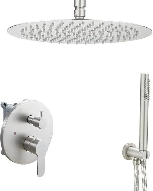 JingGang Brushed Nickel Ceiling Mount Round Rain Shower System with 12 Inch Shower Head and Handheld Bathroom Shower Set Contain Shower Faucet Trim Kit (Mixer Valve Included) - ModernBath