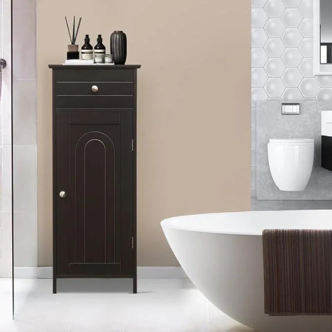 GOFLAME Bathroom Storage Cabinet, Freestanding Wooden Storage Cabinet with Large Drawer, 2 Float Shelves with 7 Positions, Bathroom Floor Cabinet Organizer for Living Room, Brown - ModernBath