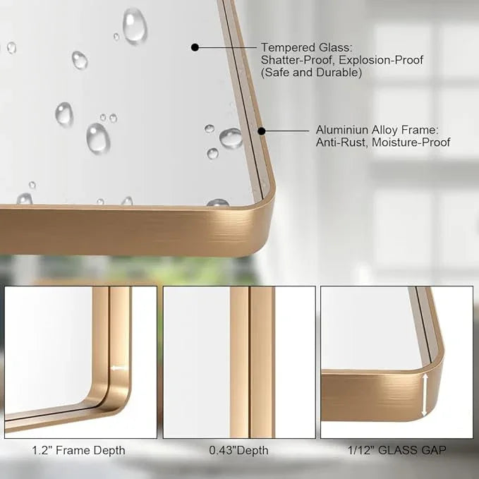 miroro Gold 48x36 Inch Metal Framed Mirror for Wall, Large Rounded Rectangle Mirror, Anti-Rust, Tempered Glass, Hangs Horizontally or Vertically - ModernBath