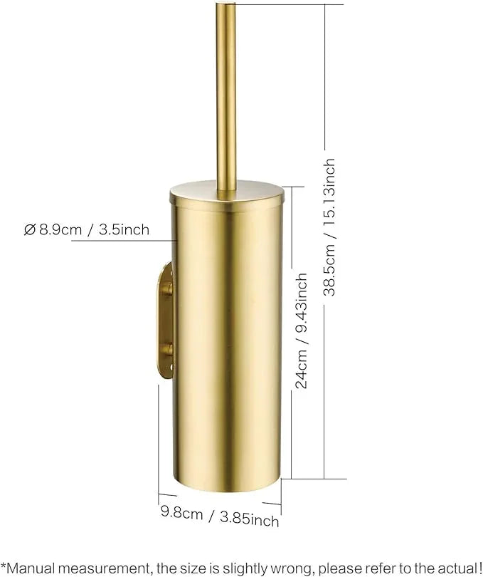 Gold Brushed Stainless Steel Toilet Brush and Cover, No-Punch Hook Base Dual Purpose Toilet Brush Holder with Removable Inner Bucket and Splash Cover - Soft Bristles (Brushed Gold) - ModernBath
