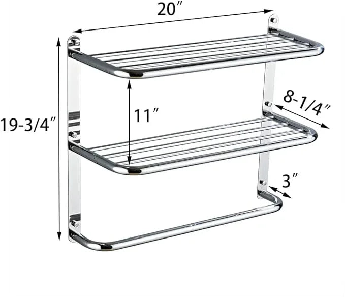 2-Tier Towel Rack Floating Shelf with Towel Bar, 20-Inch W x 8.25-Inch D Bathroom Hotel Towel Shelf, Wall Mount, Mounting Hardware Included,Polished Chrome - ModernBath