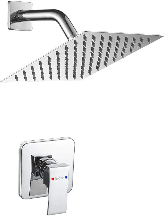 Heable Single Function Shower Trim Kit with Rough-in Valve, Bathroom Rain Shower Set Rainfall Shower Faucet System with Square Stainless Steel Metal Shower Head, Polished Chrome - ModernBath