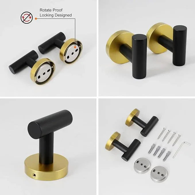 5-Pieces Bathroom Accessories Kit Black & Gold Wall Mounted - Includes 24" Double Towel Bar, 12" Hand Towel Bar, Toilet Paper Holder, 2X Robe Towel Hooks - ModernBath