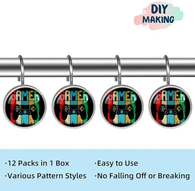 12 Pcs Decorative Shower Curtain Hooks, Rust Proof Glass Surface Stainless Steel Rings for Bathroom Bedroom Kitchen Home Bath Room Rods Decor (Rainbow Gamer) - ModernBath