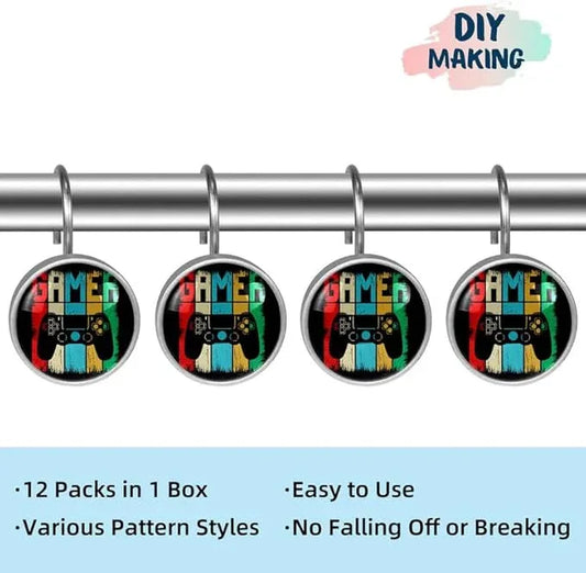 12 Pcs Decorative Shower Curtain Hooks, Rust Proof Glass Surface Stainless Steel Rings for Bathroom Bedroom Kitchen Home Bath Room Rods Decor (Rainbow Gamer) - ModernBath