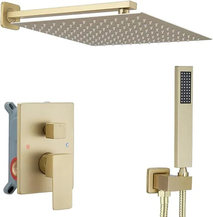 JingGang Brushed Gold Shower System 16 Inch Bathroom Luxury Rain Mixer Shower Combo Set Wall Mounted Rainfall Shower Head and Handheld System Shower Faucet Set Rough-in Valve Body and Trim Kit - ModernBath