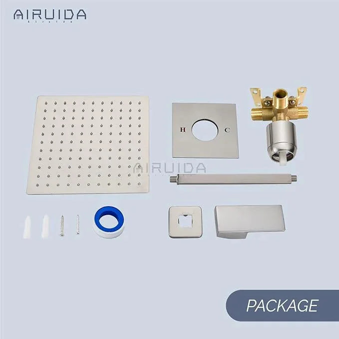 Airuida Shower Faucet Set and Handle Set Single Function Shower Trim Kit Ceiling Mount Rainfall Shower System with Male Threads and Rough-in Valve 10 Inch Square Shower Head Brushed Nickel - ModernBath
