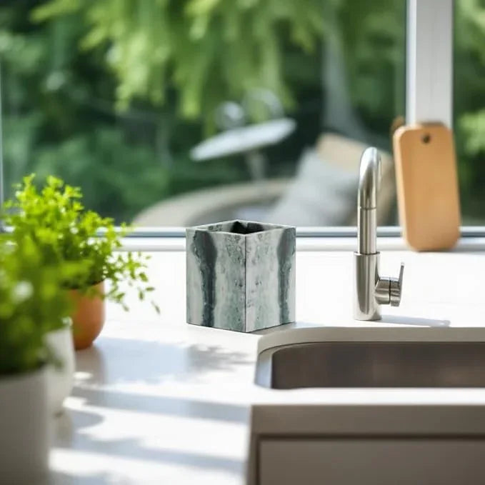 Marble Toothbrush Holder – 4.1" Genuine Stone Bathroom Cup for Makeup Brushes, Pens & Utensils | Natural Marble Organizer for Vanity, Countertop & Home Décor (Victoria Green) - ModernBath