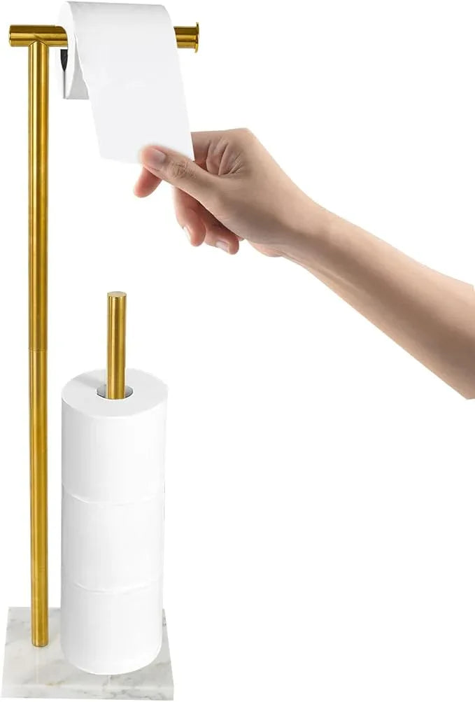 Toilet Paper Holder Stand with Weighted Natural Marble Base, Bathroom Free Standing Toilet Paper Roll Holder with Reserve, Standing Toilet Tissue Holder with Storage (Brushed Gold, with Storage) - ModernBath