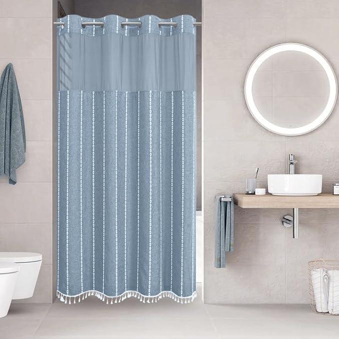 eachope No Hook Stall Shower Curtain with Snap-in Fabric Liner - 54x80 Heavy-Duty Linen Textured Striped Design,Narrow Rustic Modern Farmhouse Bohemian Bathroom Curtain,Water-Repellent,Blue - ModernBath